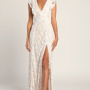 Lulu's White Lace Ruffled Maxi Dress